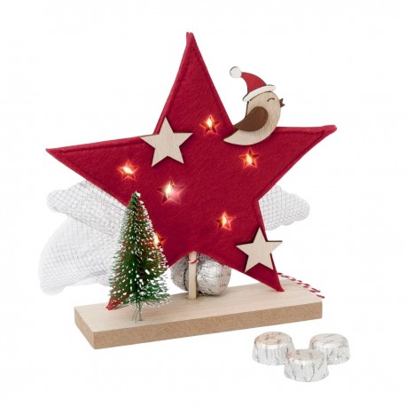 Estrella navideña roja con luces LED y 3 bombones 20 cm