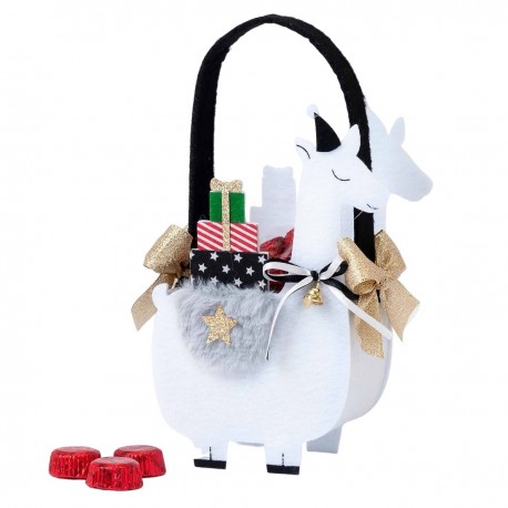 Cesto navideño de fieltro llama blanca y asas negras 6 bombones de chocolate con leche