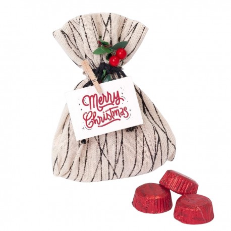 Bolsa algodón con líneas negras y tarjeta navideña rellena con 3 bombones 10x13cm