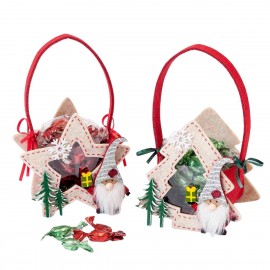 Cesto de fieltro rojo árbol y estrella surtido con gnomo 20 caramelos 12x20x7,5cm
