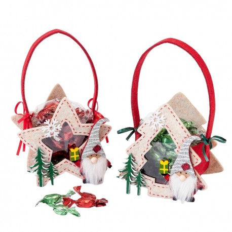 Cesto de fieltro rojo árbol y estrella surtido con gnomo 20 caramelos 12x20x7,5cm