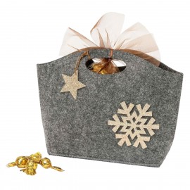 Cesto navideño con 20 croki chocs hecho de fieltro gris y detalles purpurina en oro 26x19x7cm