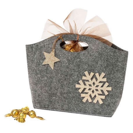 Cesto navideño con 20 croki chocs hecho de fieltro gris y detalles purpurina en oro 26x19x7cm