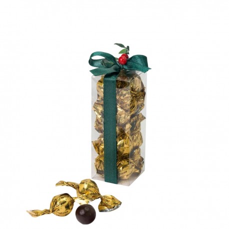 Estuche con 12 crokichocs dorados decorado con cinta verde y acebo 10,5cm