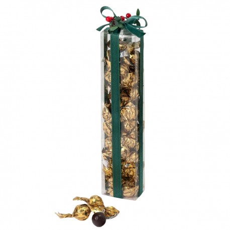 Estuche con 35 crokichoc dorados decorado con cinta verde y acebo 23cm