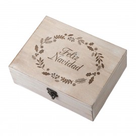 Cofre madera felicitación navideña y diseño de ramitas 23x17cm