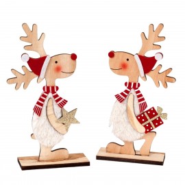 Surtido 2 renos de madera peludos con estrella y regalo 21cm Surtido 2 renos de madera peludos con estrella y regalo 21cm
