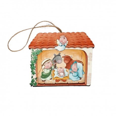 Colgante de madera de pesebre en color Mide 7x8,5cm