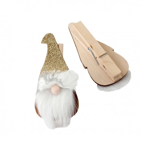 Pinza madera Gnomo con gorro dorado Accesorio de Navidad