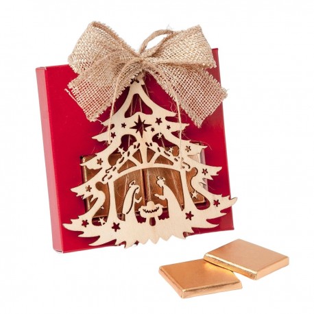 Caja roja 2 napolitanas y colgante de madera árbol y belén Medidas 10x10cm