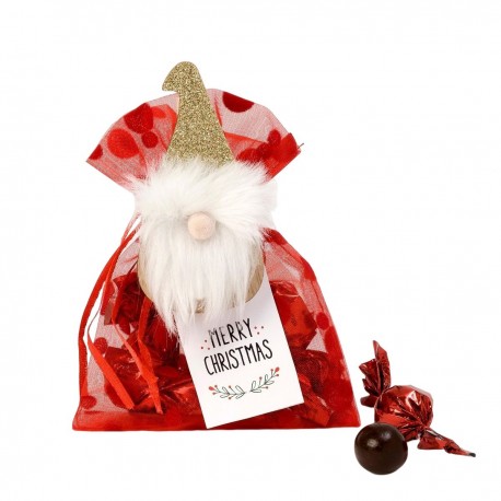 Bolsita roja de tela con pinza de gnomo de Navidad y 4 croki chocs 10x12cm