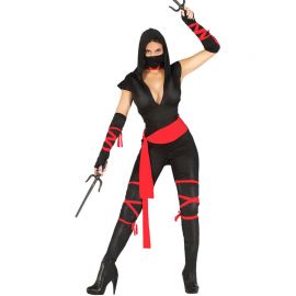 Disfraz de Ninja para Mujer con Cintas Rojas Disfraz de Ninja para Mujer con Cintas Rojas
